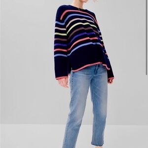 GAP 24/7 Split-Hem Crewneck Sweater, XS, Navy with multi-color Breton stripes